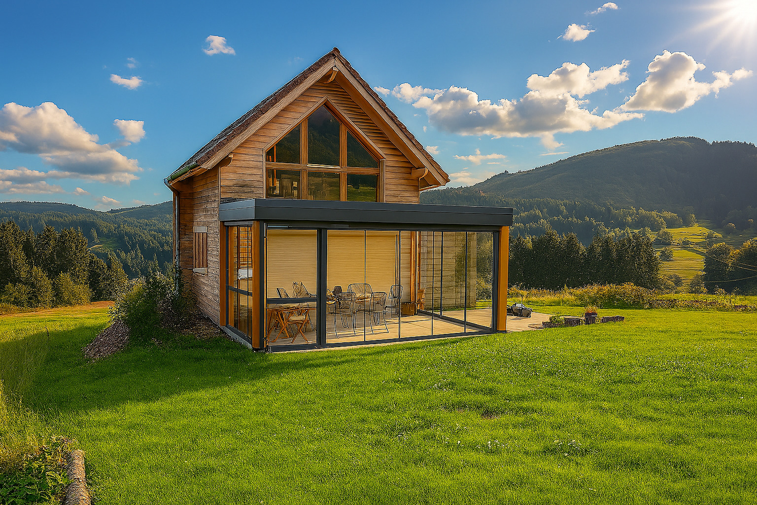 Maison en bois avec véranda attenante
